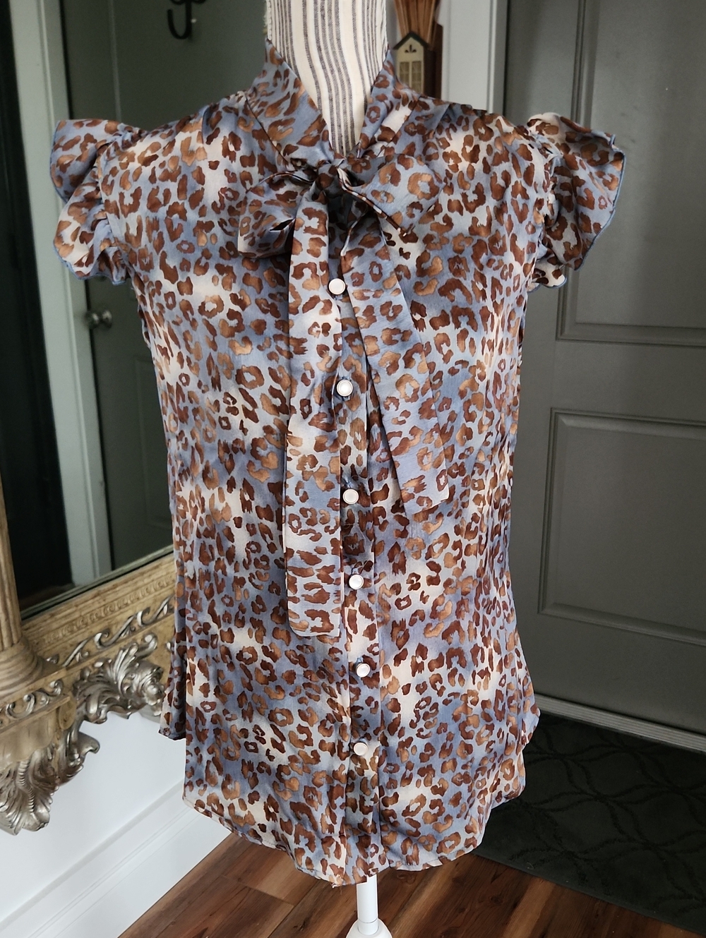 Adora Leopard Print Tie-Neck Sleeveless Blouse - Brown/Blue